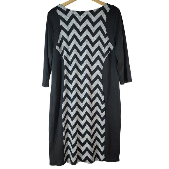 Derek Heart Plus Chevron Dress Black Size 2X Knee Gray Panel Half Sleeve Knit - Picture 4 of 6